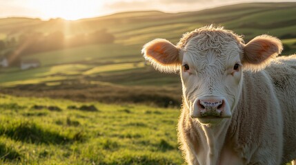 Wall Mural - Young Calf Stands in Golden Sunset Pasture