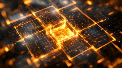 Poster - Glowing orange grid with central cube.