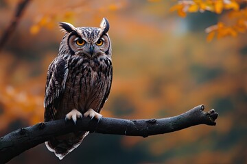 Poster - Majestic Owl Perched on Branch in Autumn Woods