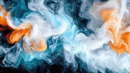 Wall Mural - Abstract swirls of blue, white, and orange paint in water.