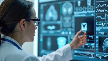 Poster - Medical pro examines advanced diagnostic tech display. Doctor analyzes complex scans on high-tech screen. Focuses on precise anatomical details. Modern medical imaging system used. Pro healthcare.