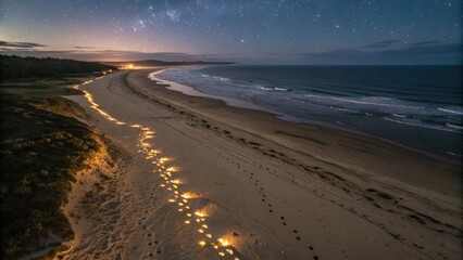 Wall Mural - lanterns glowing softly illuminate footprints in the sand, crafting a magical pathway along a serene
