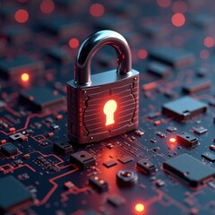 Fototapete - Cybersecurity concept shown with padlock on circuit board. Secure tech data protection. Modern digital tech safety. Protected data network. Secure access. Innovation in cyber security. Modern padlock
