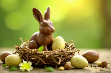 Wall Mural - happy easter background with chocolate bunny and eggs in a bird nest