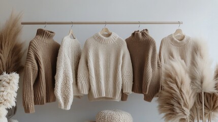 Poster - A minimalist display highlights an array of neutral-toned sweaters hanging gracefully on a rack, perfectly complemented by soft pampas grass, creating a calm atmosphere in a stylish interior