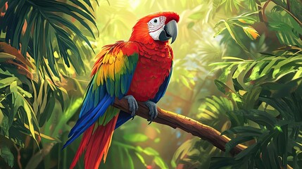 Poster - Scarlet Macaw Perched on Branch in Lush Tropical Foliage