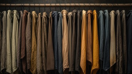 Aufkleber - A vibrant array of trendy fabric colors unfolds along a wooden rack, featuring rich mocha, earthy tones, and a blend of soft textures that inspire creativity and style
