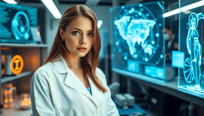Poster - Confident Female Scientist in Futuristic Lab with Advanced Holographic Displays Showing Global Data and Human Anatomy