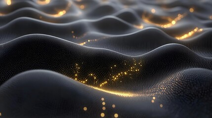 Poster - Golden particles flowing on dark undulating surface.