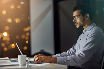 Poster - Businessman, night or accountant on computer for research, investment news or budget for profit. Economy growth, bokeh or financial advisor on technology for network, typing and accounting report