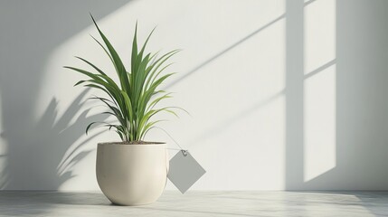 Wall Mural - A potted plant sits in sunlight against a white wall