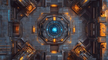 Canvas Print - Futuristic metallic control room with glowing core.