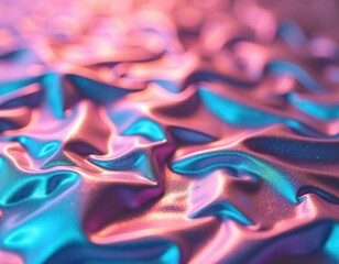 Poster - Pastel neon holographic crumpled metallic foil texture. Modern abstract material. Bright colours. Stylish trendy design. Fabric with wavy pattern. Abstract texture pattern. Psychedelic look. Creative
