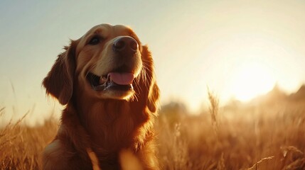 Wall Mural - Golden Retriever Dog In Sunset Field Of Grass