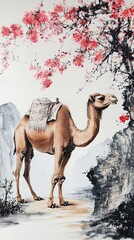 Sticker - Camel Beneath Blossoming Pink Tree In Mountainous Landscape