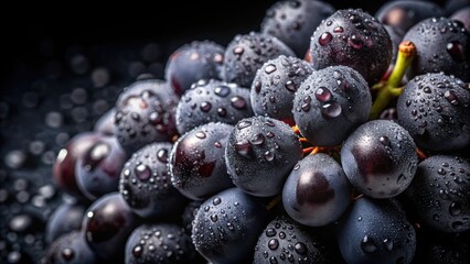 Wall Mural - Close up of dark grapes with water drops on black background, grapes, dark, close up, berries, water drops, isolated