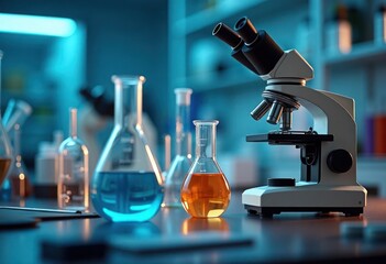 Poster - Close-up science lab scene shows various lab equipment. Modern lab tech displays flasks, tubes filled with liquids. Brightly lit microscope in foreground. Abstract bokeh effect creates depth, focus