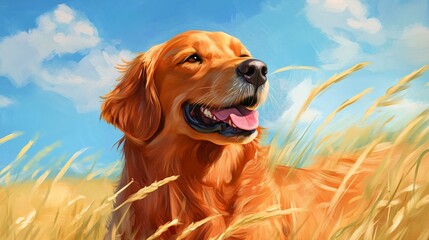 Sticker - Golden Retriever in a Field of Wheat Under a Blue Sky