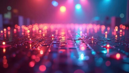 Poster - Disco lights reflect on shiny surface. Multicolored beams create festive atmosphere. Lively setting. Nighttime scene. Party vibes. Cool colors. Abstract design. Shiny surface. Water drops. Urban
