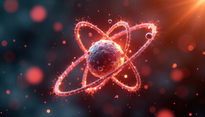 Poster - 3D animation shows atom with spinning electrons. Atomic particles in motion. Dynamic scientific illustration. Visual representation of subatomic structures. Complex molecule structure highlighted.