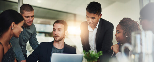 Poster - Man, laptop and team in office with discussion, review and strategy for problem solving with diversity. Leader, staff and project management for risk analysis, group and reading at insurance agency