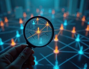 Poster - Hand holds magnifying glass. Magnifying glass shows network of connected people icons. Focus on small group of people. Network analysis concept. Digital illustration. Abstract image. Visual