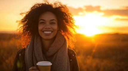 Poster - Happy woman with curly hair smiles at sunset, holding a coffee cup in a field.