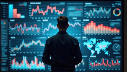 Poster - man analyzes data on large screen with charts, graphs. business data displayed on wall of screens. t