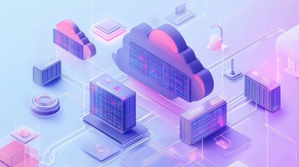 Poster - Isometric illustration of cloud computing network with servers and devices.