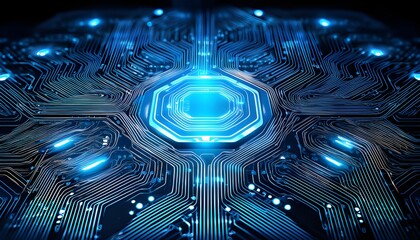 Aufkleber - Close-up view of a digital circuit board with glowing neon electric blue connections