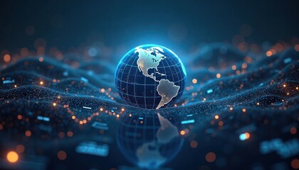 Poster - Digital representation of Earth. Futuristic financial setting at night. Data visuals, graphs surround globe. Tech trends, innovations evident. Global business data. Global finance concepts.