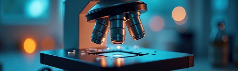 Aufkleber - Closeup view of microscope lens with blue, orange bokeh lights. Scientific research equipment highlighted in lab setting. Tech photo precision, innovation in modern scientific lab. Modern scientific