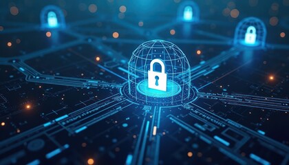 Aufkleber - global tech security concept illustration. secure data flow visualized on digital circuit board. abs