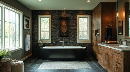 Poster - Stylish contemporary bathroom features bold black fixtures and walls adorned with natural stone