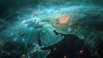 Poster - Planet earth is rotating and showing global network connections and big data exchange with futuristic connections and information flowing between countries, continents and cities