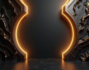 Aufkleber - Abstract 3D rendering shows black, gold luxury interior design. Geometric shapes create sophisticated backdrop. Golden accents illuminate empty space. High-end product display, backdrop, presentation