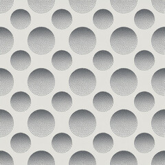 Circles Retro 50s 60s 70s Seamless Pattern Stipple Abstract Background. Different Faded Dotted Ellipse Geometric Grid Repetitive Grey Wallpaper. Old Fashioned Posh Tessellated Art Illustration