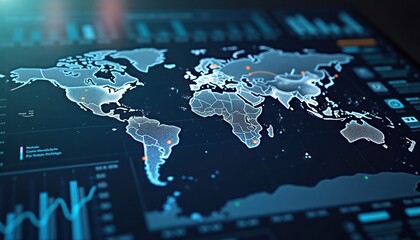 Aufkleber - Global logistics dashboard displays world map with data points. Analytics and visualizations show global supply chain. Tech map highlights important locations.