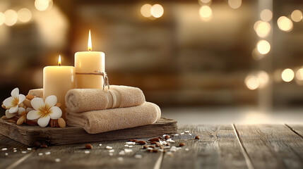 Poster - serene spa setup featuring soft towels, aromatic candles, and delicate flowers creates calming atmosphere for relaxation and rejuvenation