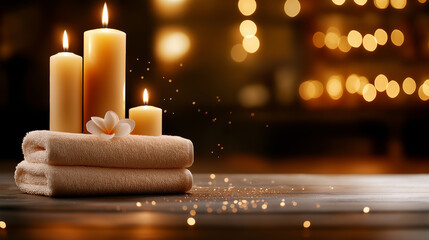 Poster - serene spa setup featuring soft towels, aromatic candles, and delicate flower, creating calming atmosphere perfect for relaxation and rejuvenation
