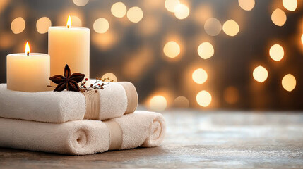 Poster - serene spa setup featuring soft towels, aromatic candles, and decorative elements, creating calming atmosphere for relaxation and rejuvenation