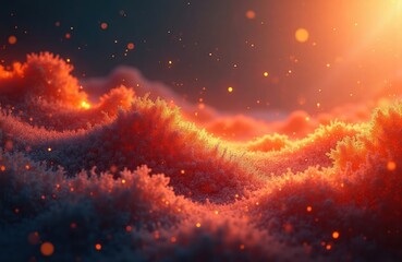 Leinwandbilder - Fiery abstract 3D landscape with glowing particles. Molten textures, warm color palette create dynamic background. Sunrise sunset lighting effect. Perfect for tech, science fiction, abstract art