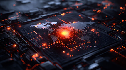 Fototapete - digital map visualization showcasing global threats with glowing red highlights, representing data and technology. intricate design emphasizes connectivity and risk awareness