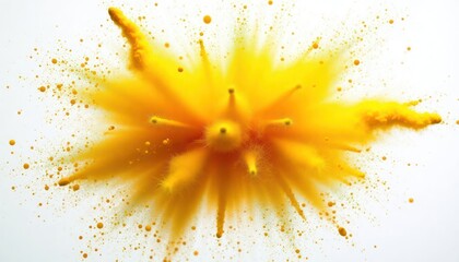 Poster - Yellow powder explodes creating vibrant color burst. Image shows dynamic visual effect. Perfect for design projects needing bright color accents. Background white. Ideal for Holi festival themes. Use