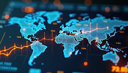 Aufkleber - Global logistics dashboard displays worldwide shipping data, analytics. Interactive map highlights international shipping routes, key locations. Visual data representations show shipping volume,
