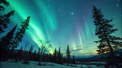 Wall Mural - glowing aurora borealis in vibrant green and purple hues dances across a starry night sky, illuminat