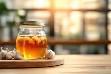 Wall Mural - A glass jar filled with honey and garlic cloves sits on a wooden surface, bathed in natural light, evoking warmth and the essence of homemade remedies.