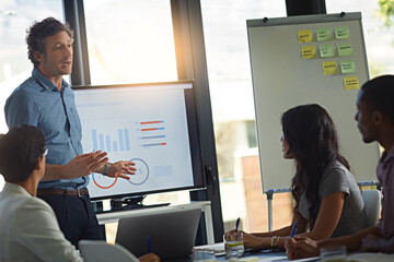 Poster - Businessman, coach or meeting with screen for statistics, company performance or briefing at office. Man, employee or speaker training staff with display for presentation, graph or chart at workplace