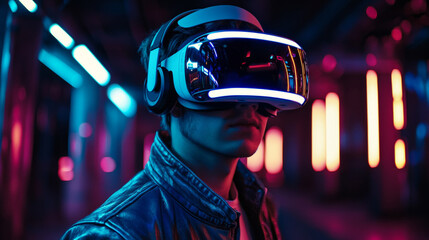 Aufkleber - In a modern tech space illuminated by neon lights, a developer engages with a VR headset, exploring immersive digital landscapes. The atmosphere reflects creativity and innovation