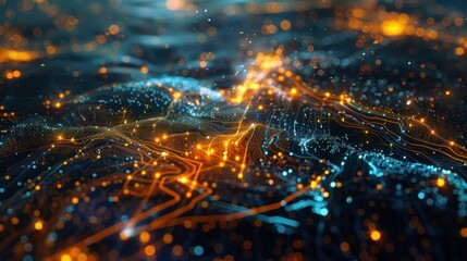 Poster - Big data flowing across a futuristic landscape, creating a dynamic visualization of information with glowing particles and lines representing connections and data streams